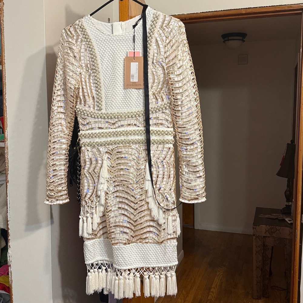 PrettyLittleThing White and Gold Embellished Dress